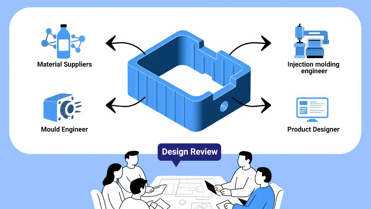 revisão colaborativa do design de peças de plástico, ligando fornecedores de materiais, engenheiros de moldes, engenheiros de moldagem por injeção e designers de produtos em torno de um modelo de componente 3D, com uma reunião de revisão do design