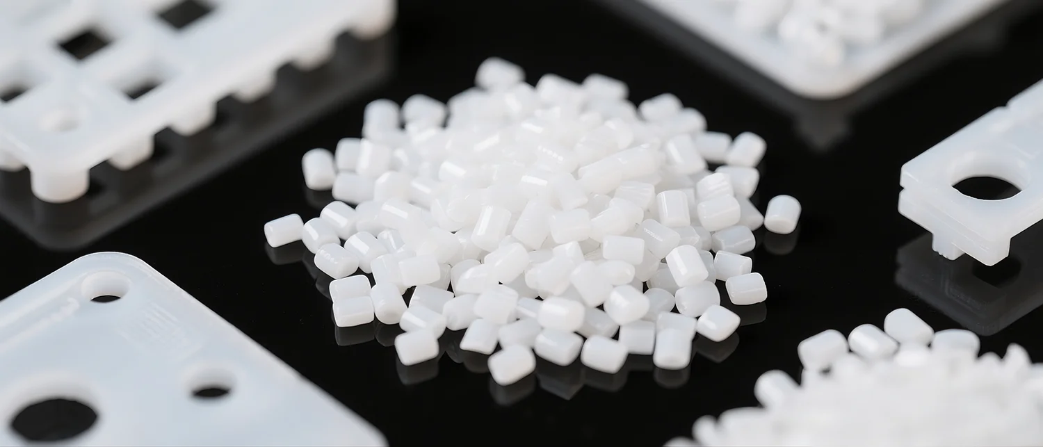 White ABS plastic pellets and a prototype part representing material selection for achieving required mechanical and thermal properties in plastic product development
