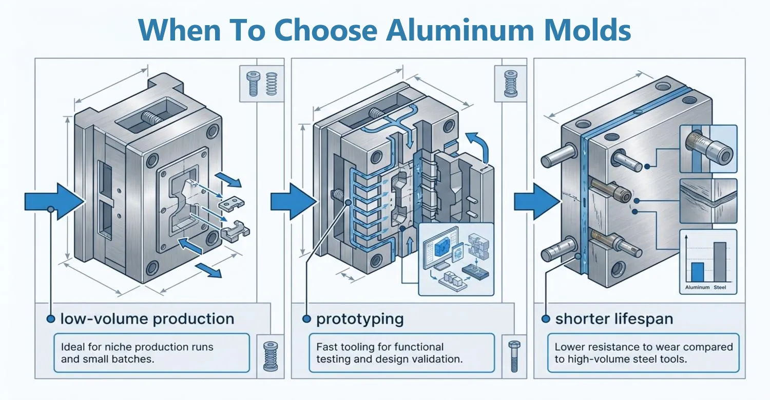 Aluminum mold low volume prototyping steel high mass production