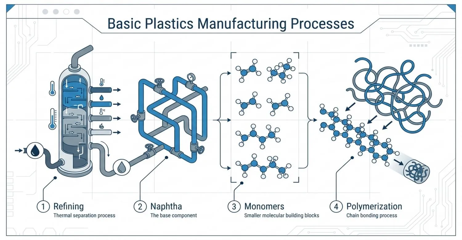 Plastics manufacturing refining naphtha monomer polymerization flow diagram