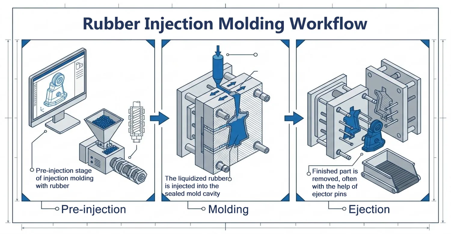 Rubber injection molding pre injection cure ejection sequence