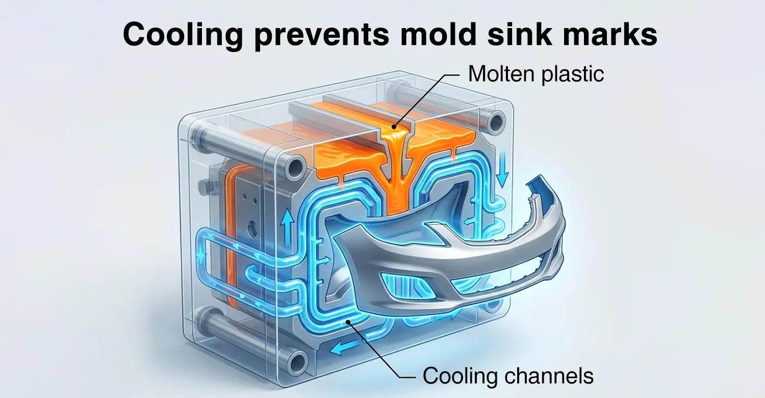 Cooling channels in an injection mold prevent bumper sink marks