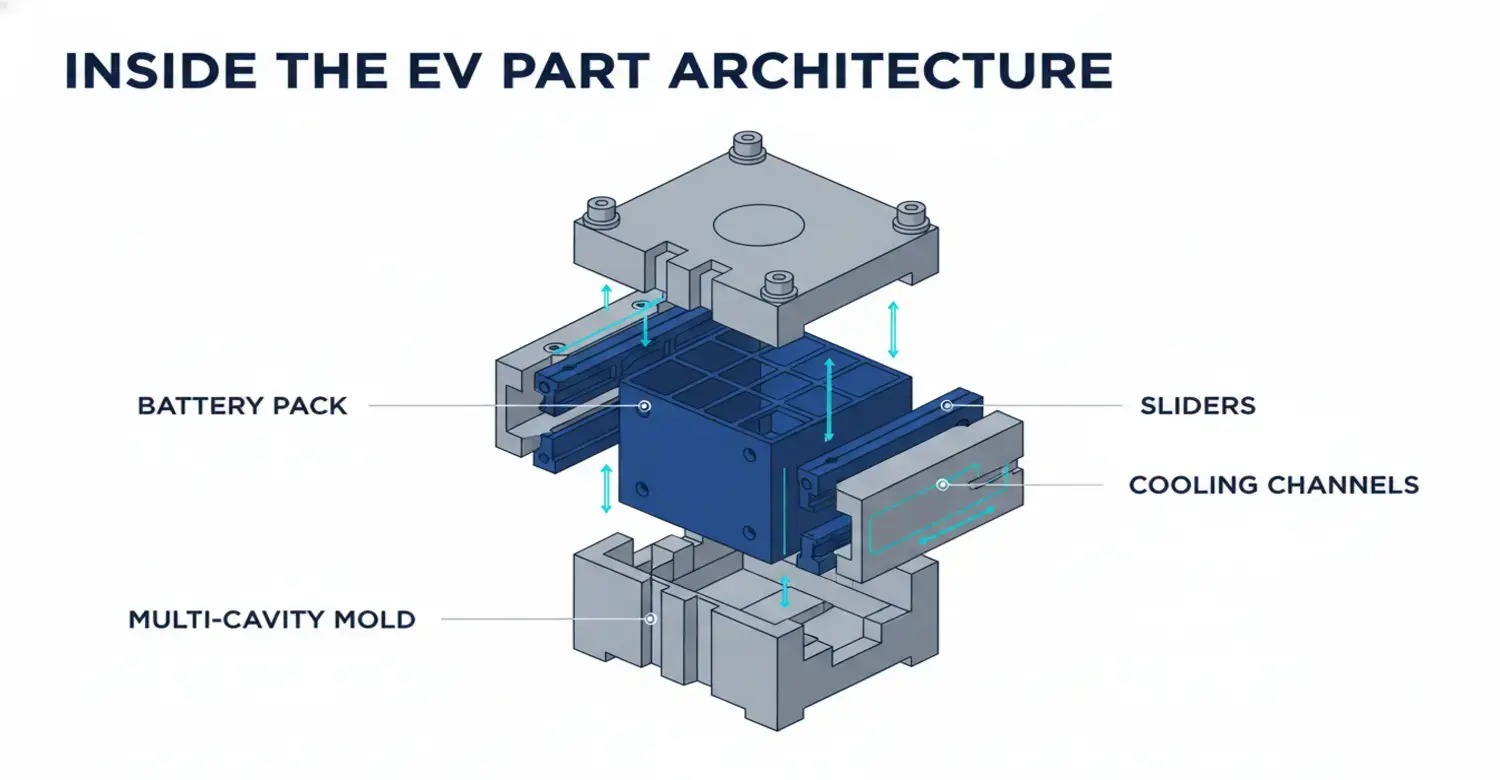 Exploded view of a multi-cavity EV battery pack mold