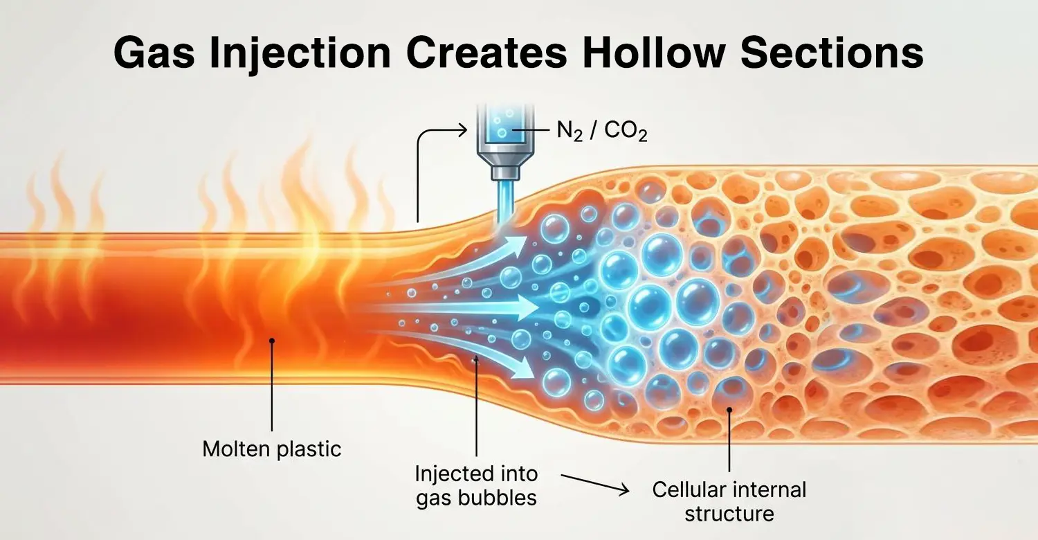 Gas injection molding process creates lightweight cellular internal plastic structures