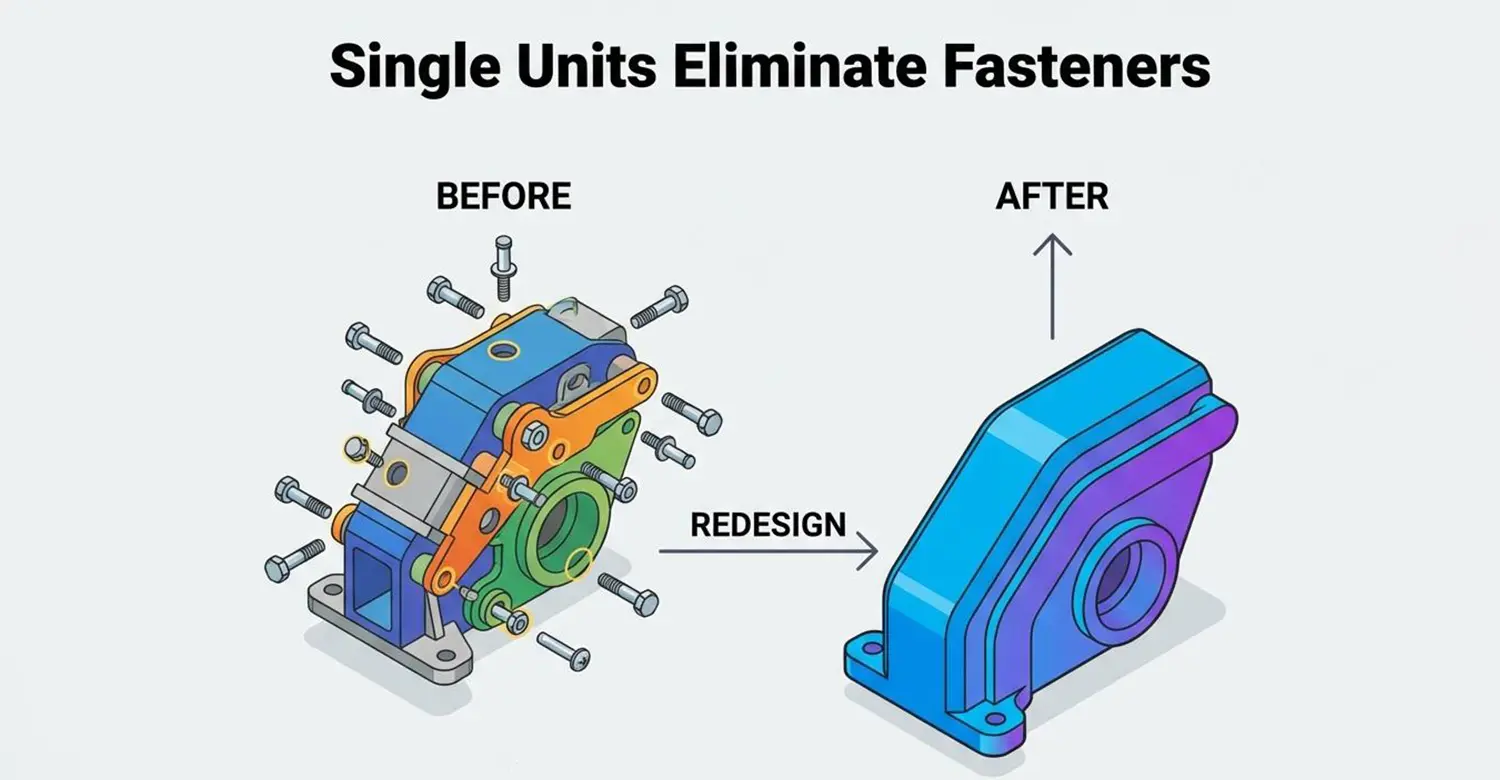 Redesigning multi-component assemblies into single units eliminates heavy fasteners