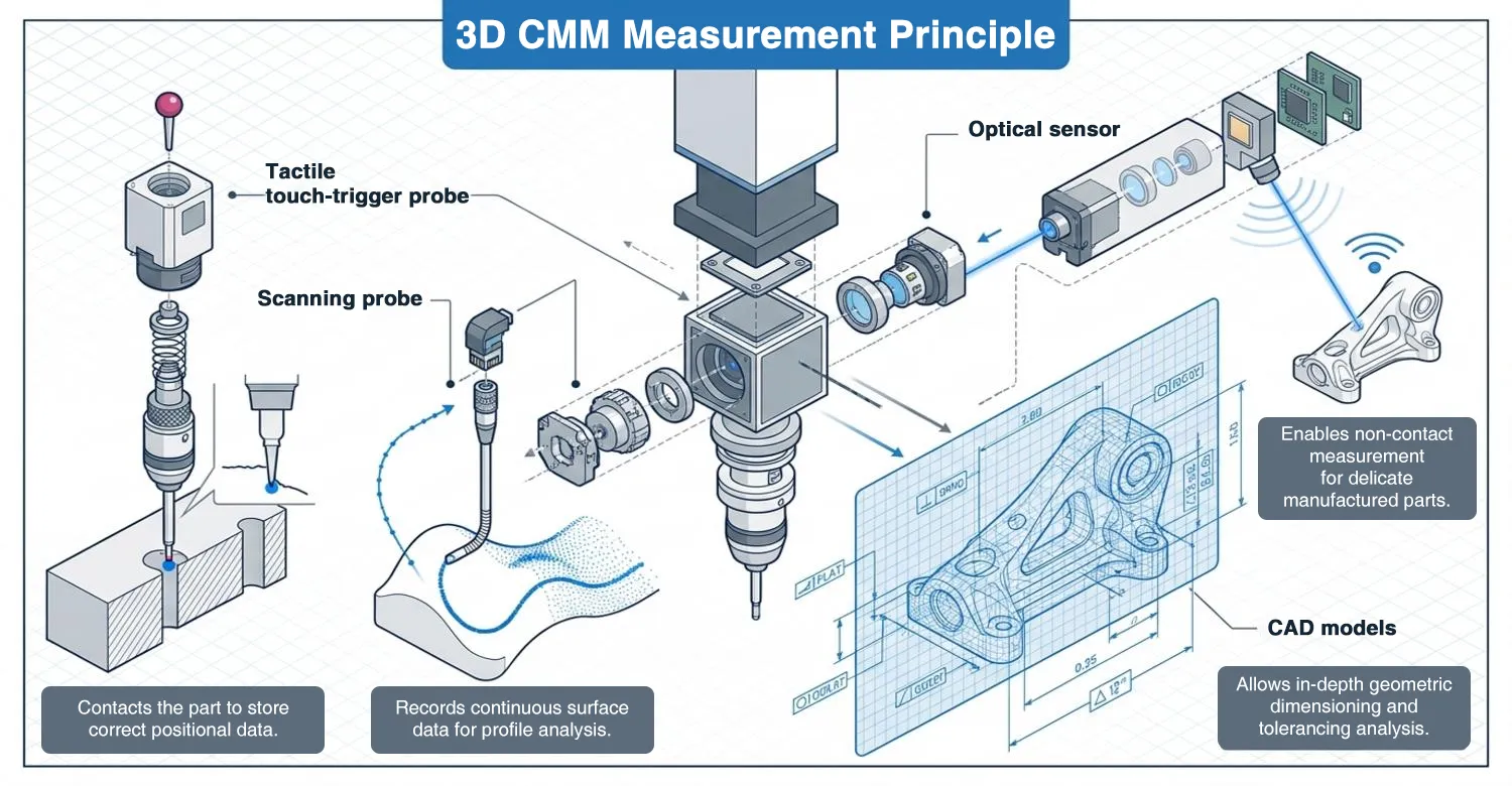 3D CMM tactile scanning optical probe measurement principle