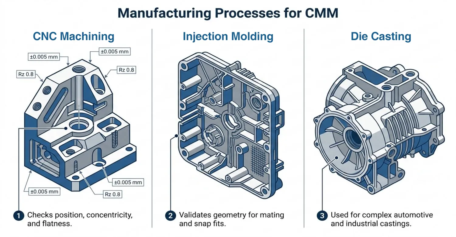 CNC injection molding die casting CMM inspection process comparison