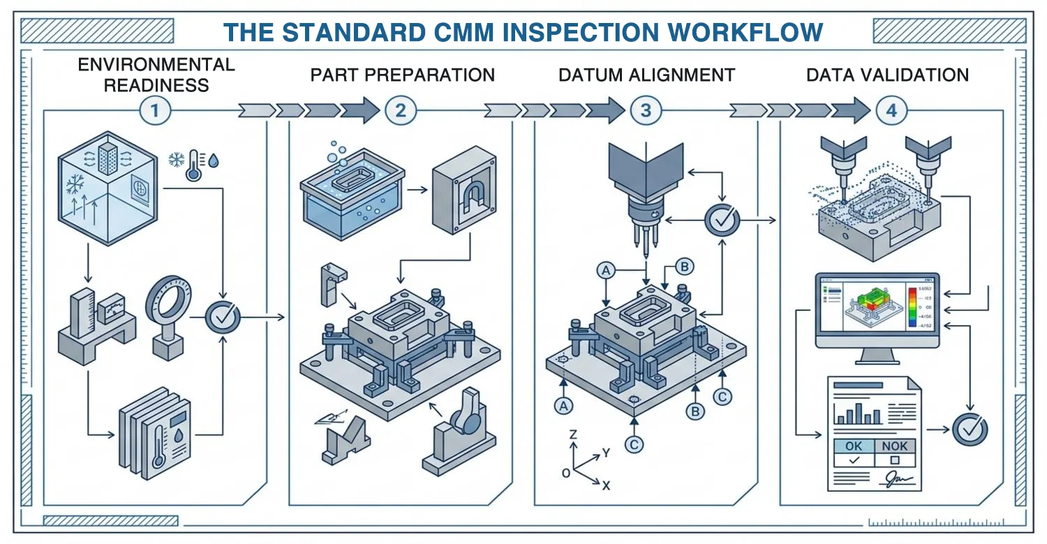 Standard CMM inspection environmental datum alignment workflow
