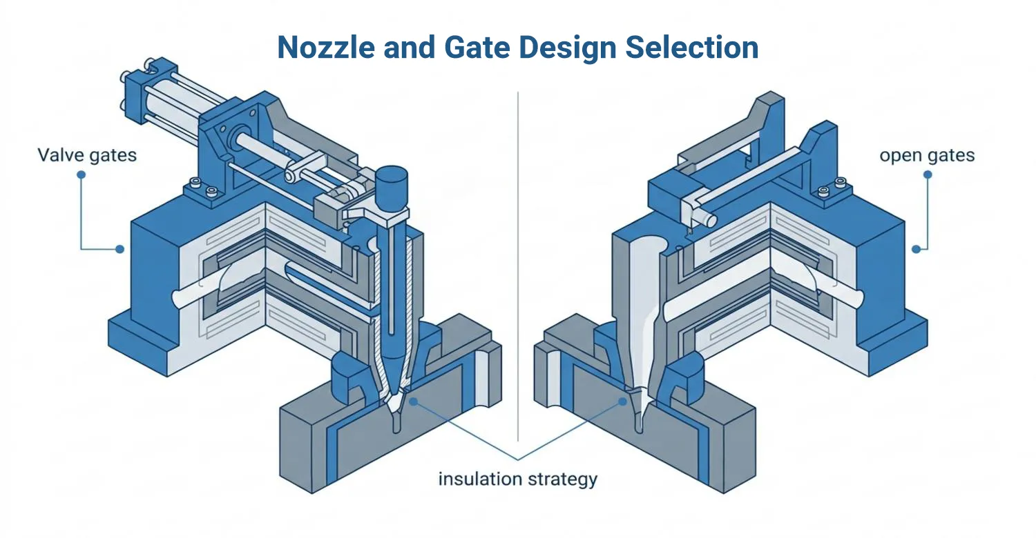 comparative layout of valve gate architecture versus open nozzles