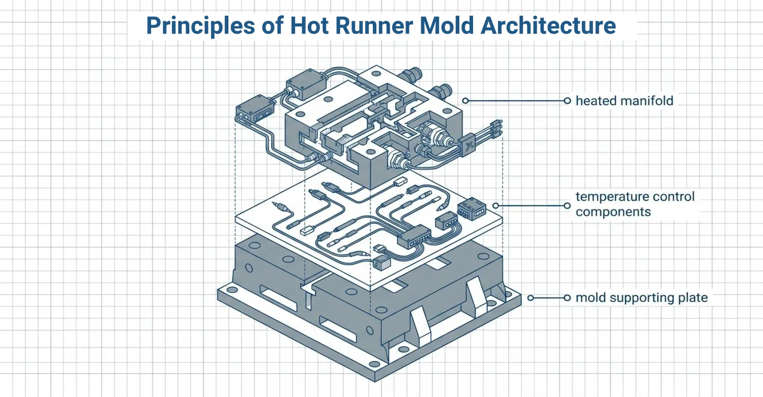 exploded view of hot runner manifold and nozzle assembly components