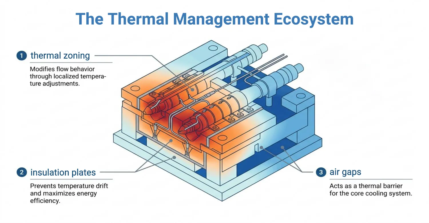 thermal zoning and insulation plates within the hot runner system