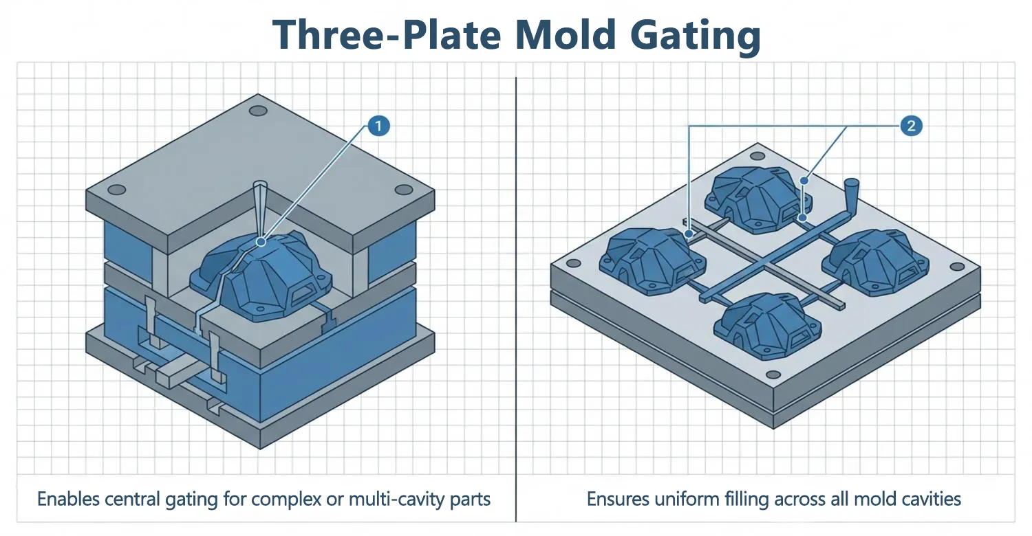 Three plate mold central gating multi cavity layout