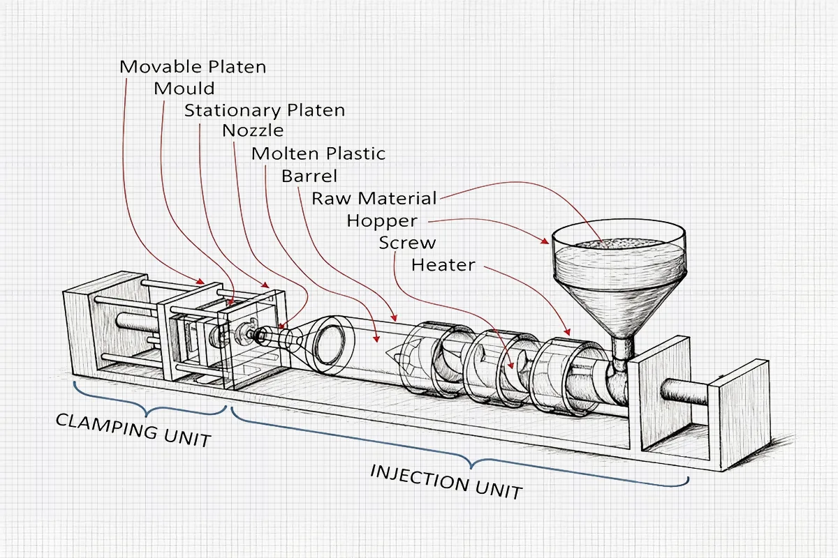 Tên gọi của các bộ phận khác nhau trong quy trình ép phun