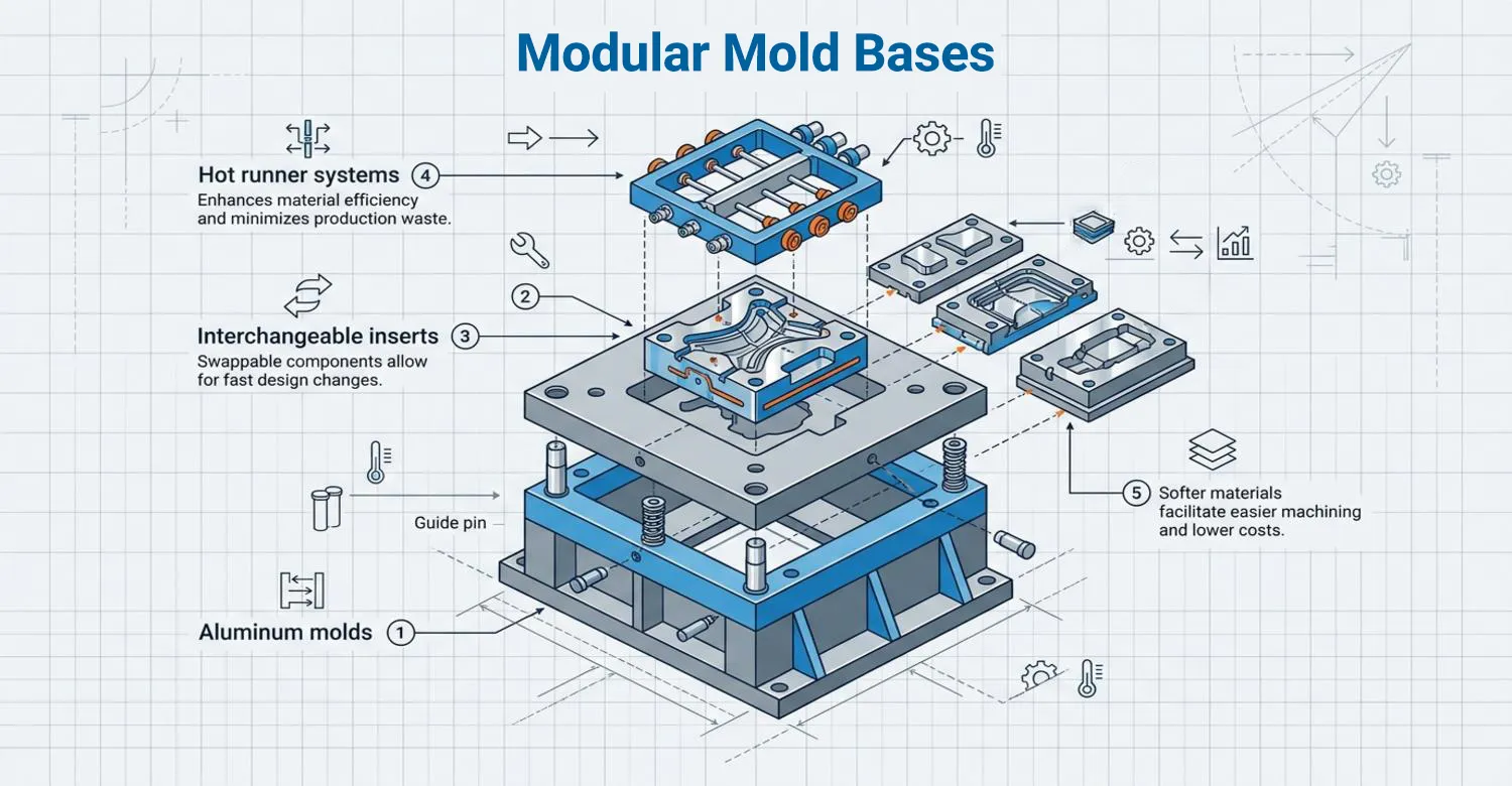 breakdown of modular mold bases with interchangeable cavity inserts