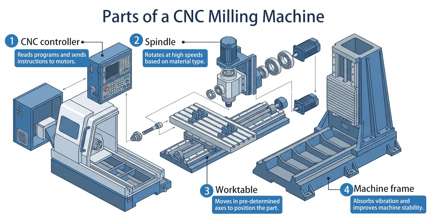 vista esplosa che mostra i componenti principali di una fresatrice CNC