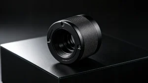 Close-up of a black anodized aluminum camera lens housing featuring a smooth matte finish.