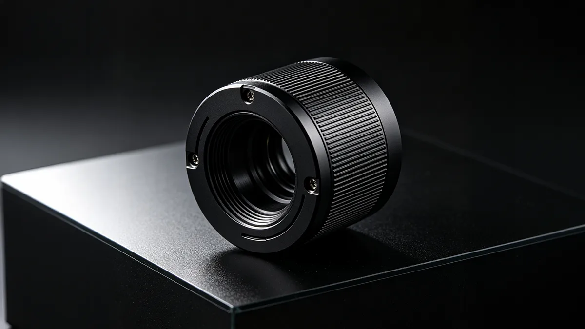 Close-up of a black anodized aluminum camera lens housing featuring a smooth matte finish.