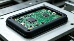 Close-up of a green printed circuit board partially encapsulated with black TPE during the overmolding process