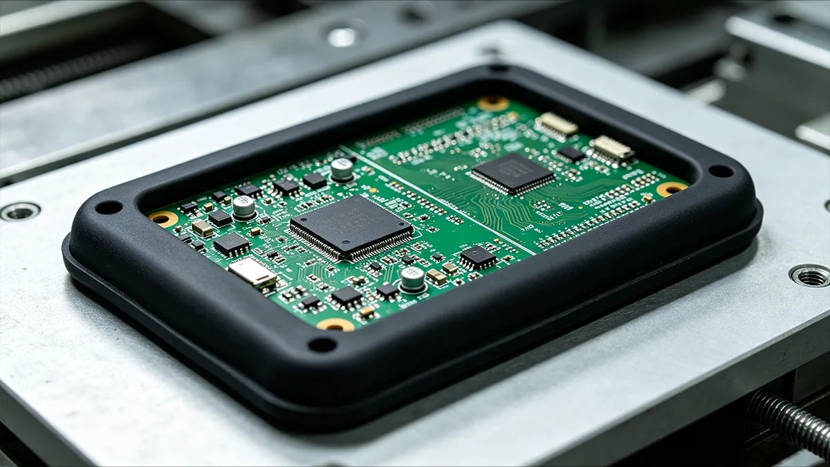 Close-up of a green printed circuit board partially encapsulated with black TPE during the overmolding process