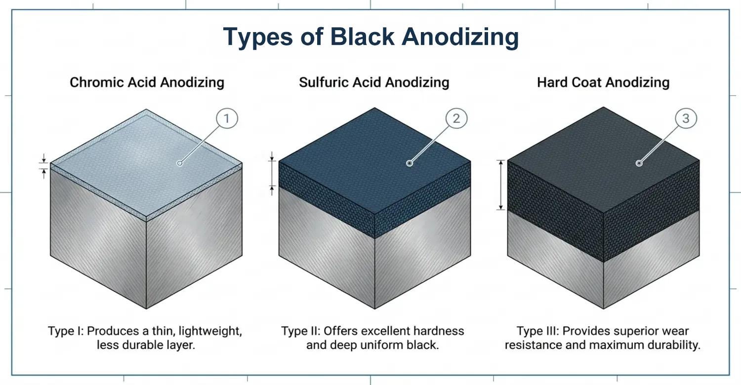 comparative chart of three types industrial black anodizing processes